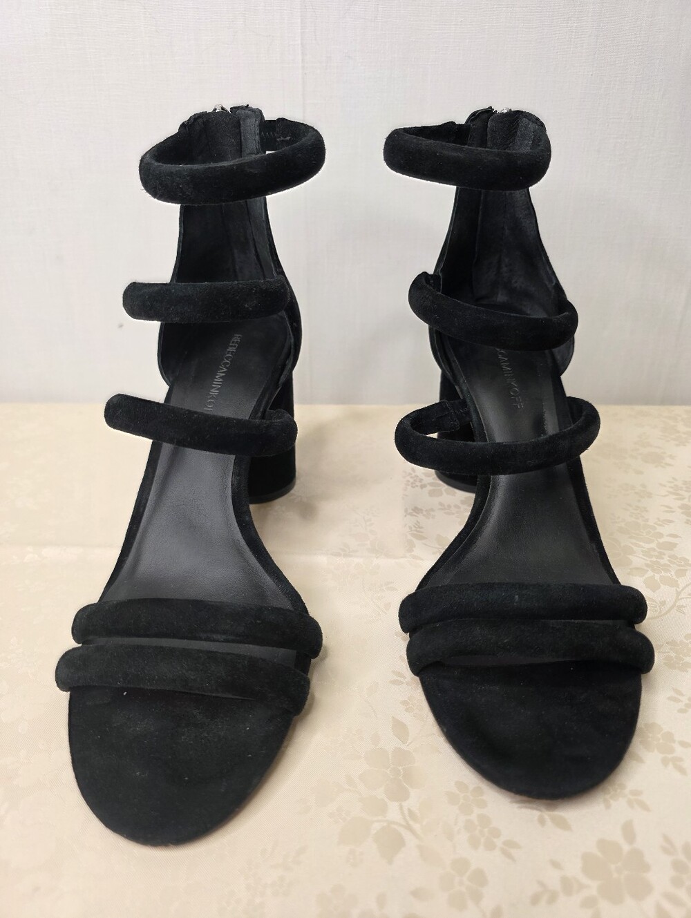 Rebecca Minkoff Black Suede Multi Strap Block Heel Sandals Zipper Back Size 10M - Picture 2 of 8